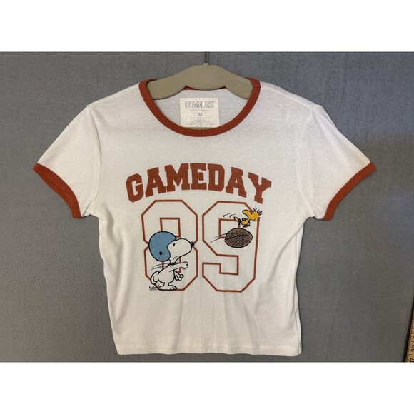 Peanuts Tops - Peanuts Snoopy Woodstock Gameday 89 Graphic Ringer T-Shirt White Rust Medium